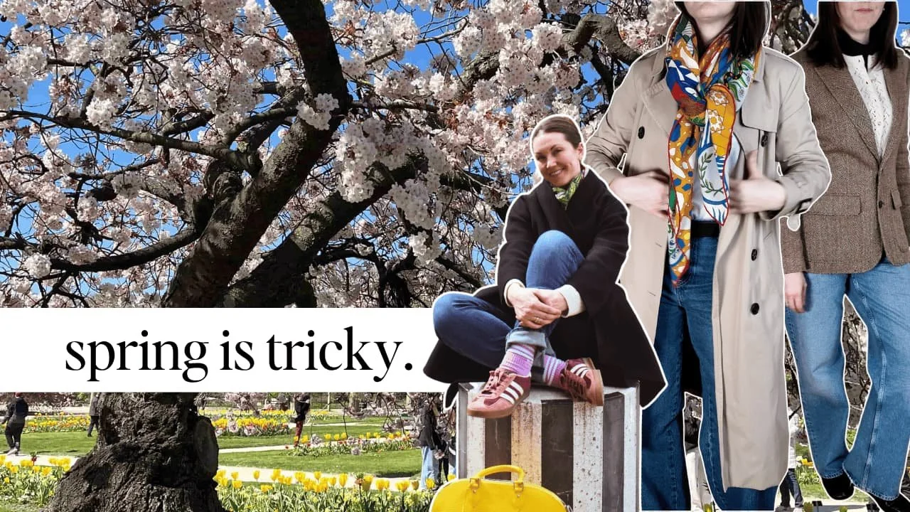 Youtube thumbnail, with the author sits in front of a background of spring cherry trees, with the text "spring is tricky." over the thumbnail.