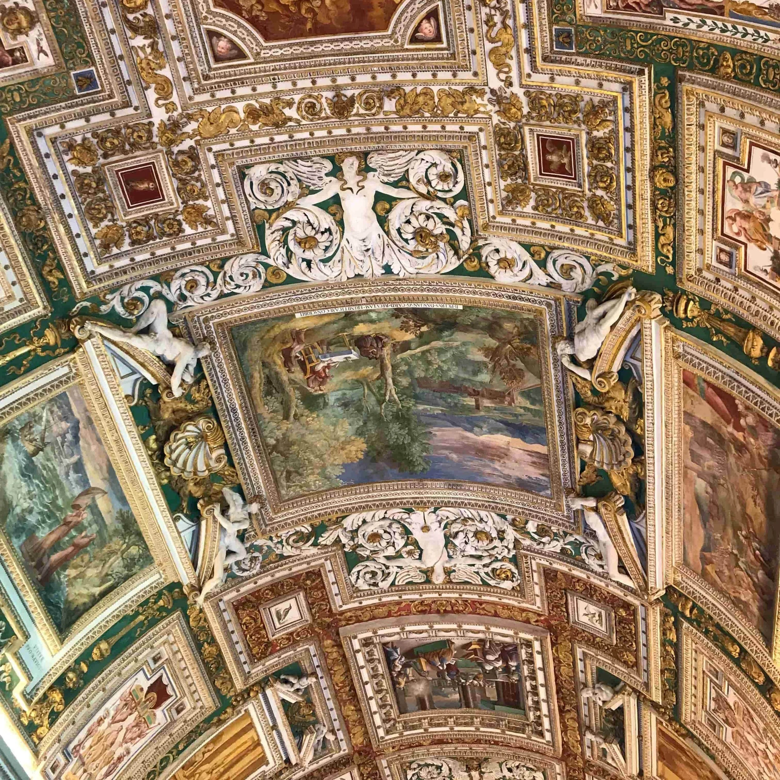 The ornate ceiling of the Vatican museums.