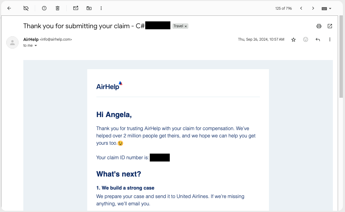 A screenshot of the initial claim confirmation.