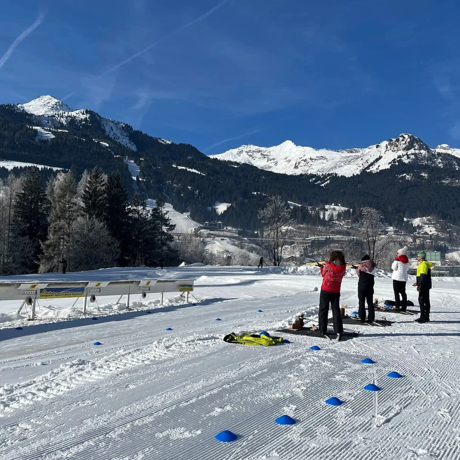 A laser shooting range allows skiers to practice target shooting, the second half of biathlon.