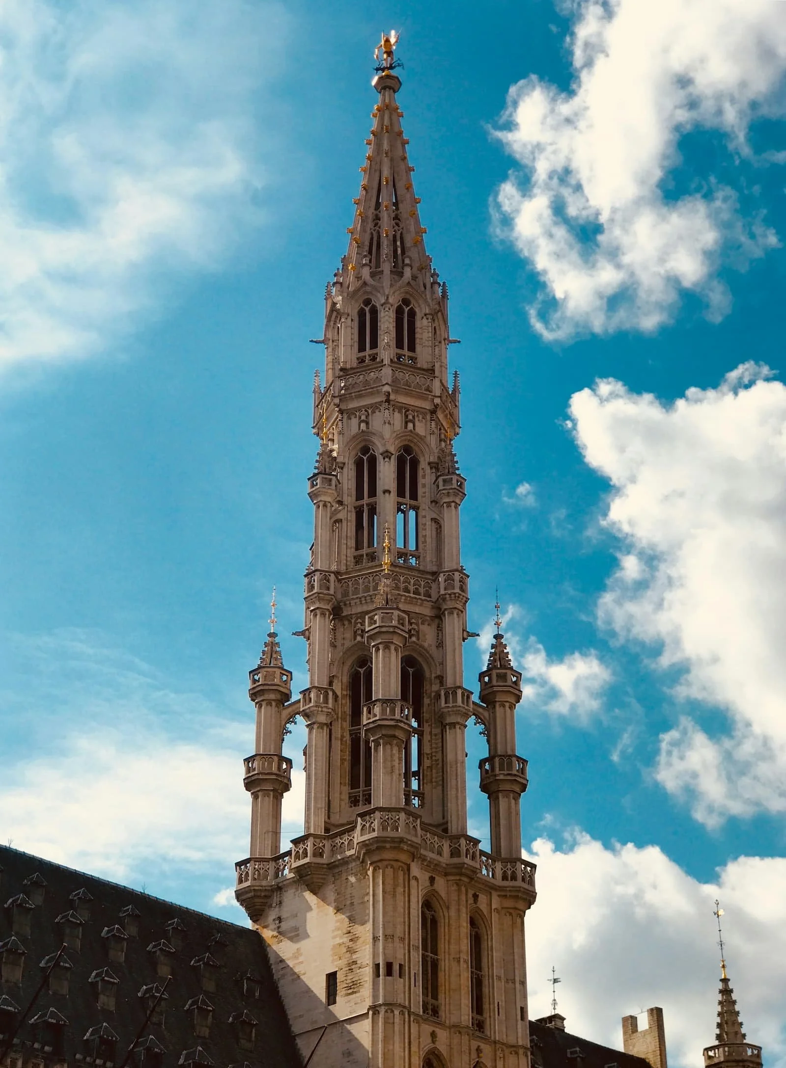 The spire of the Brussels Town Hall in Brussels, Belgium.