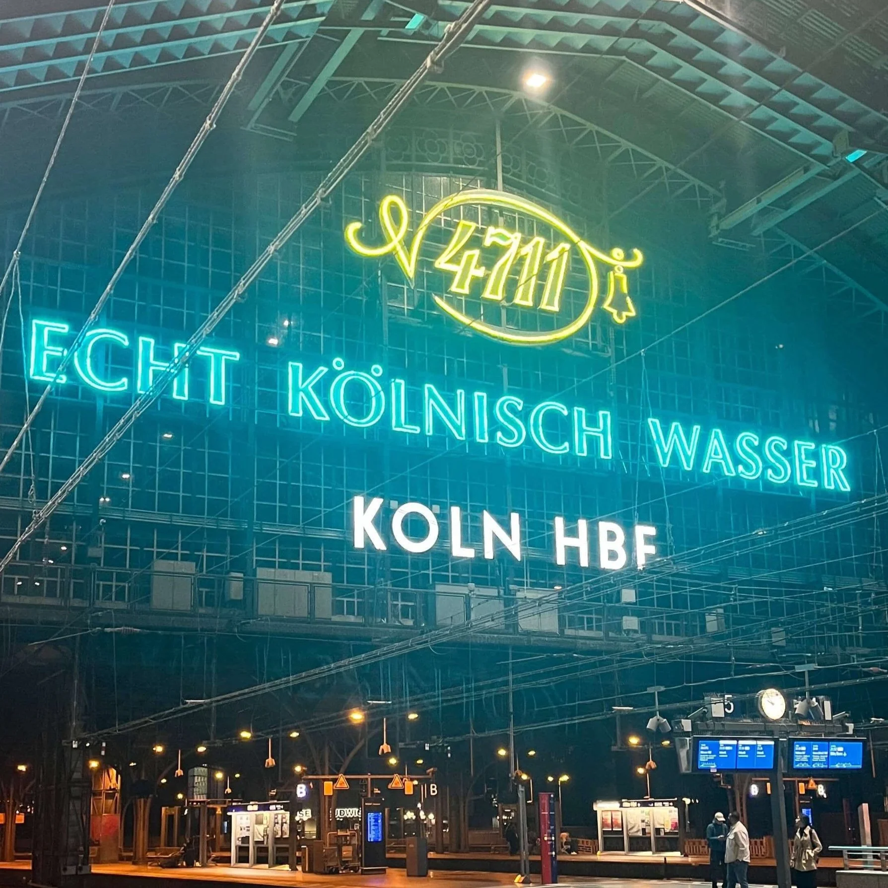 The interior of Cologne's Central Station at night.
