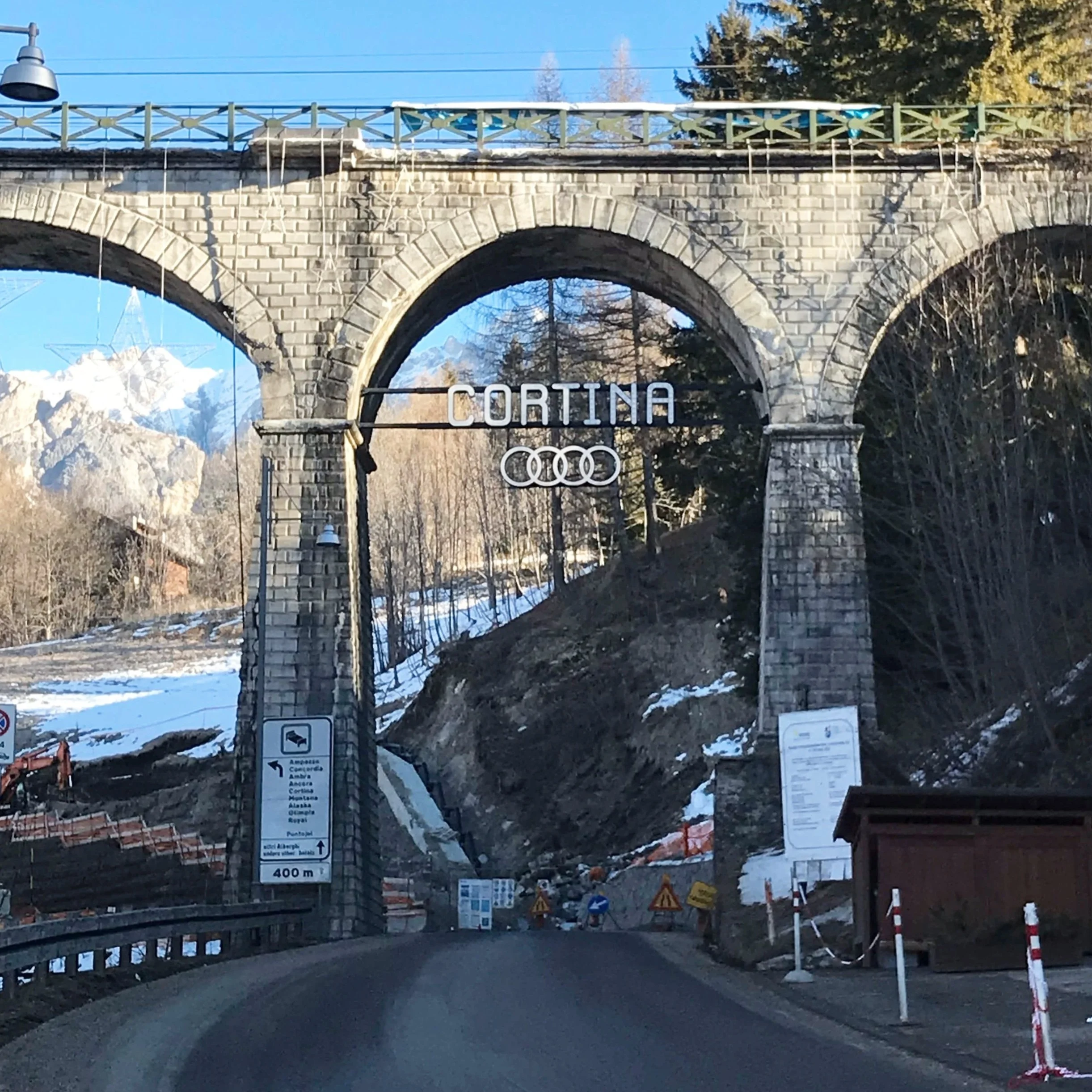The iconic Cortina Audi sign at the entrance to the town of Cortina d'Ampezzo.