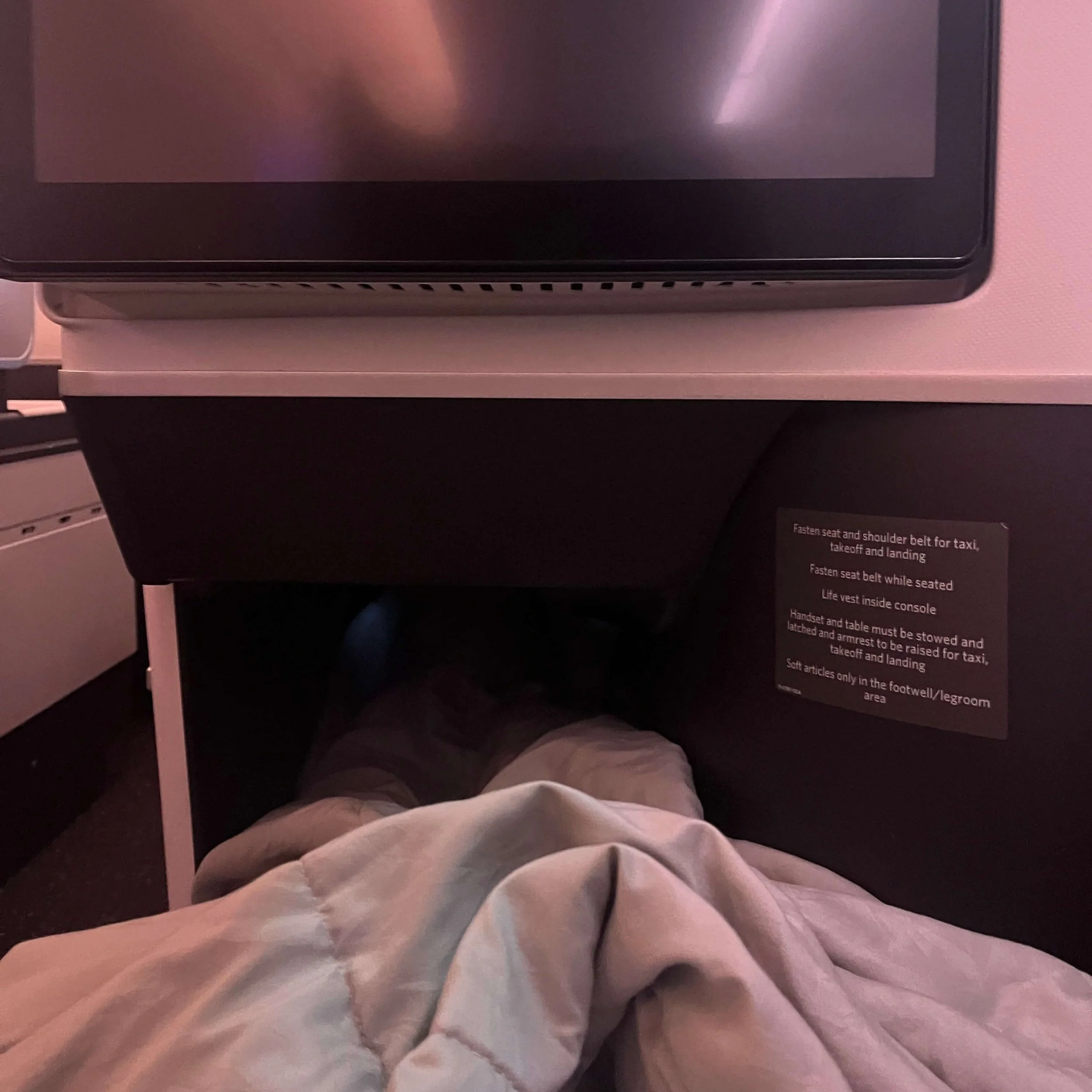A view of the leg room in Delta One Suites.