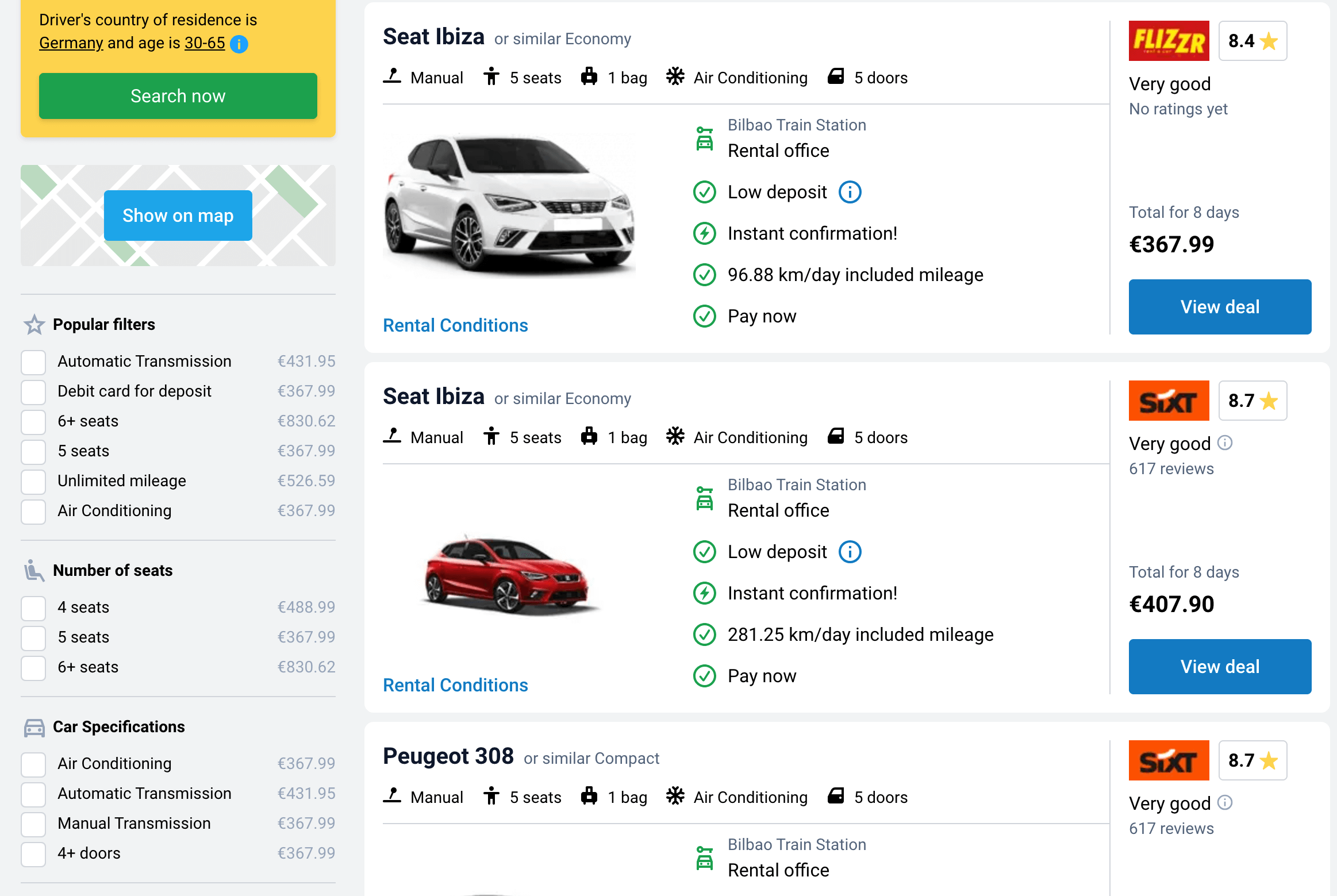 The filtering options on Discover Cars .com.