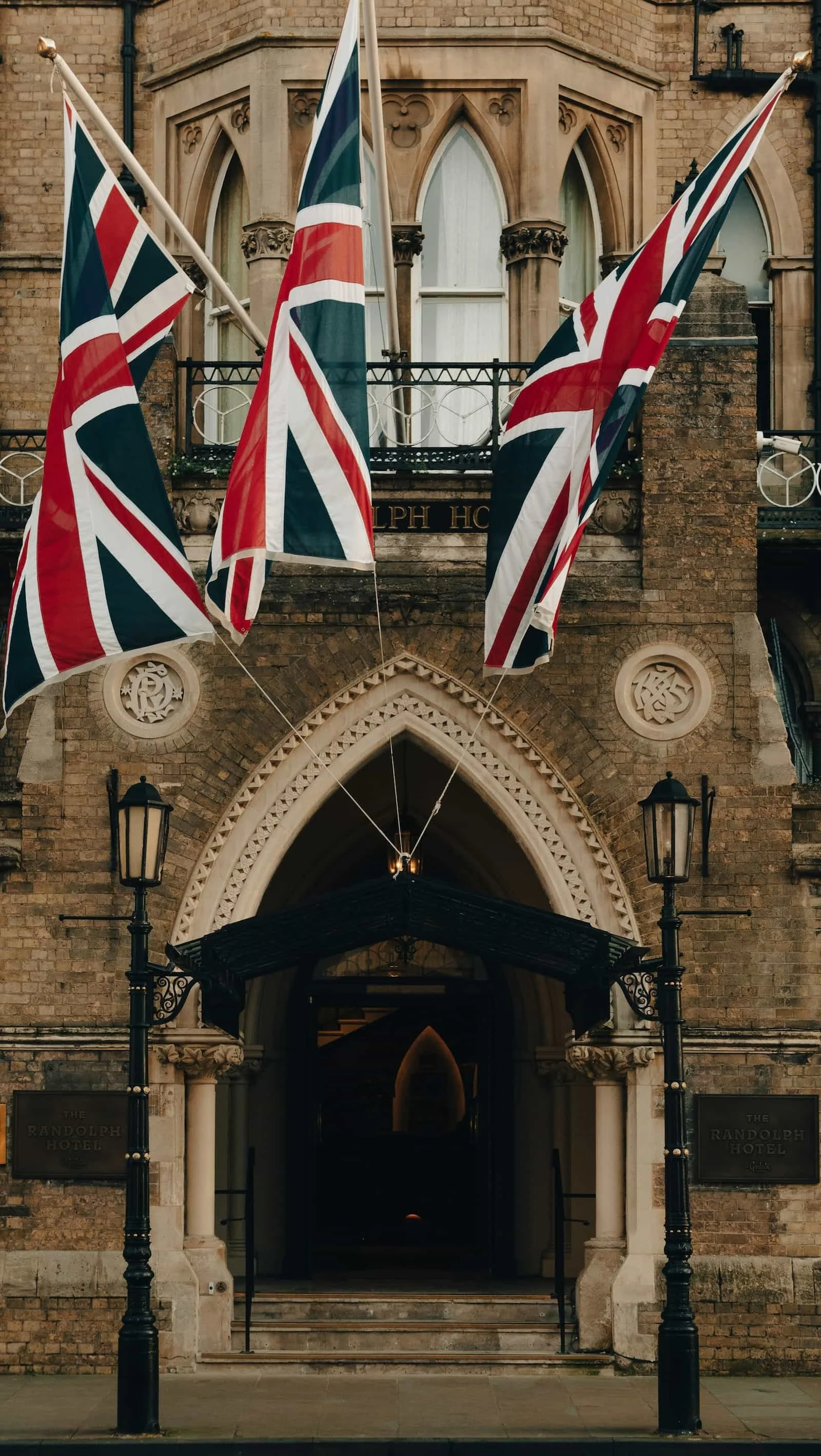 Union Jack flags outside of a hotel in Oxford, England.