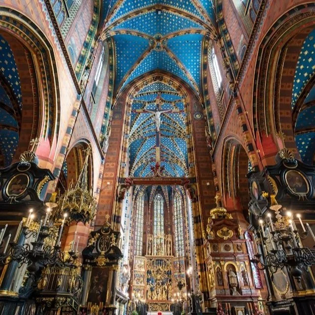 The ornate interior of St. Mary's Basilica in Kraków.