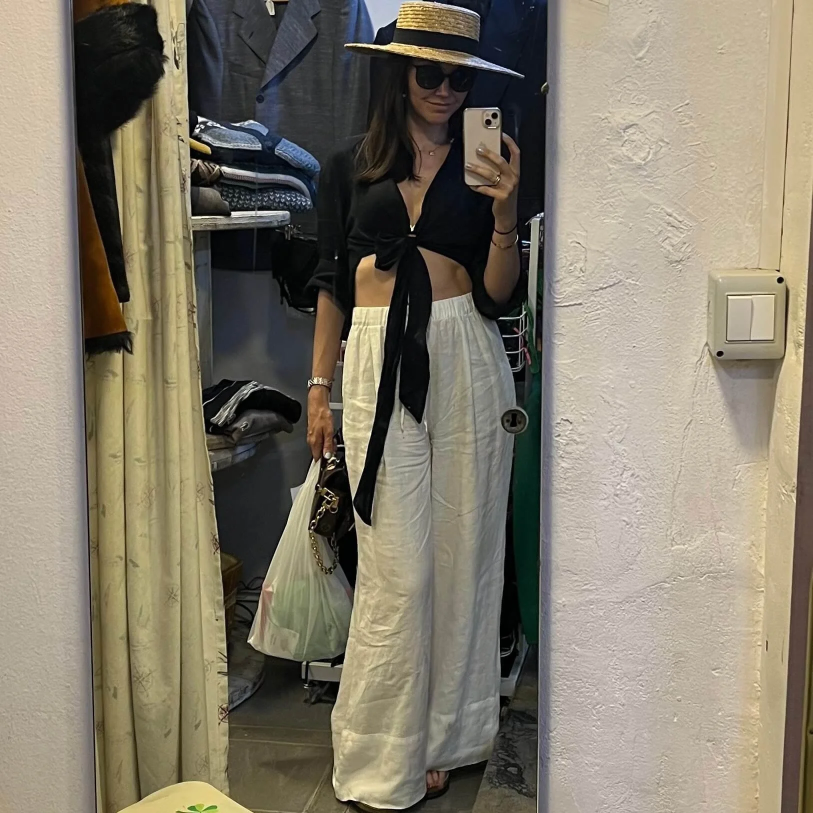 The author wearing linen pants and a linen shirt.