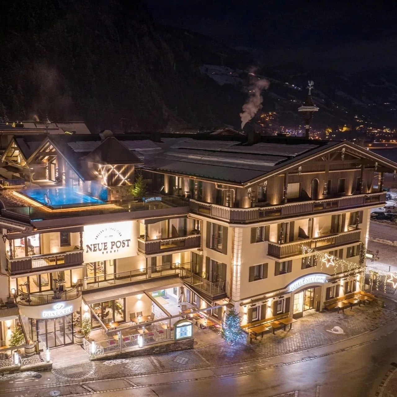 The rooftop pool at Hotel Neue Post in Mayrhofen, Austria.