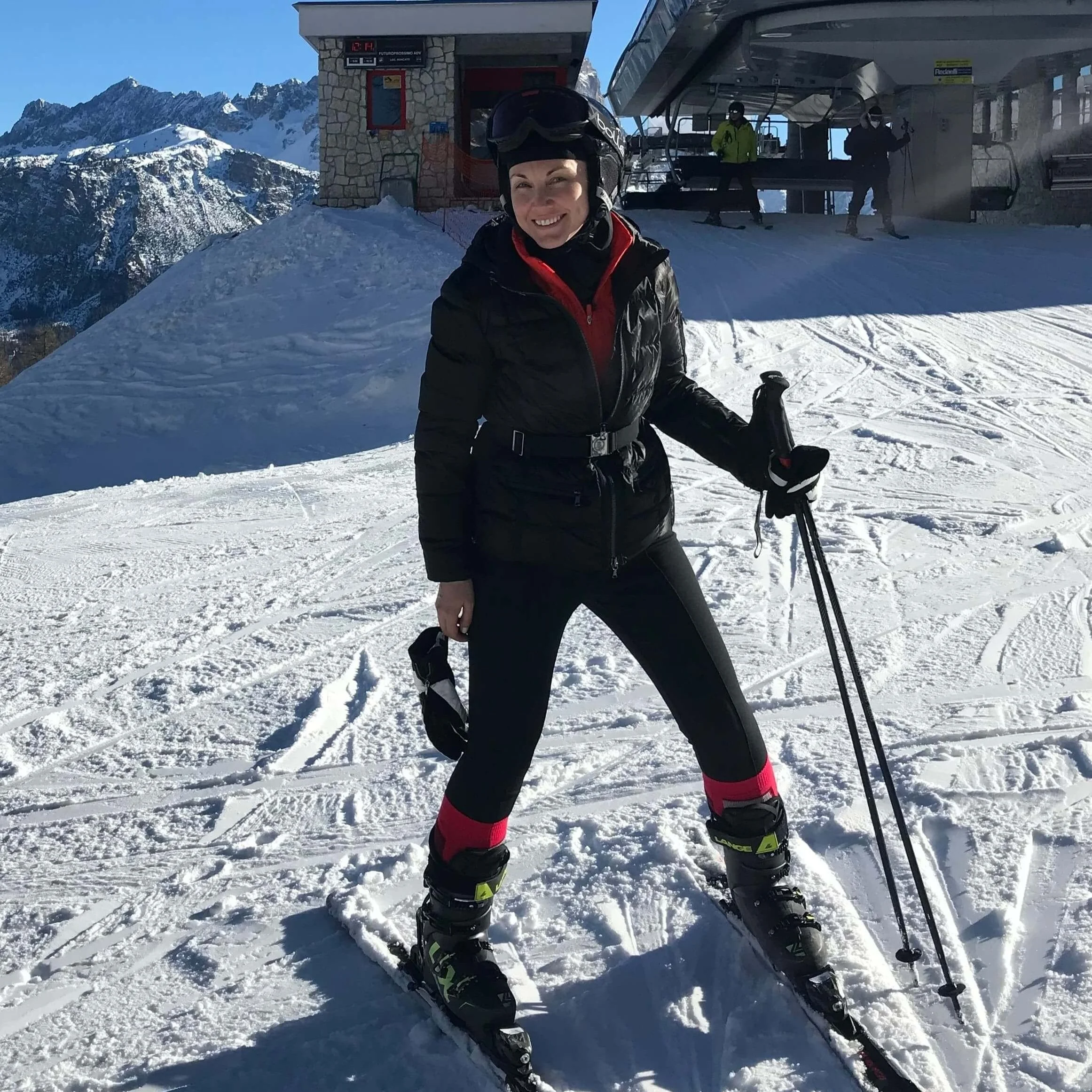A full ski outfit on the slopes in Cortina d'Ampezzo, Italy.