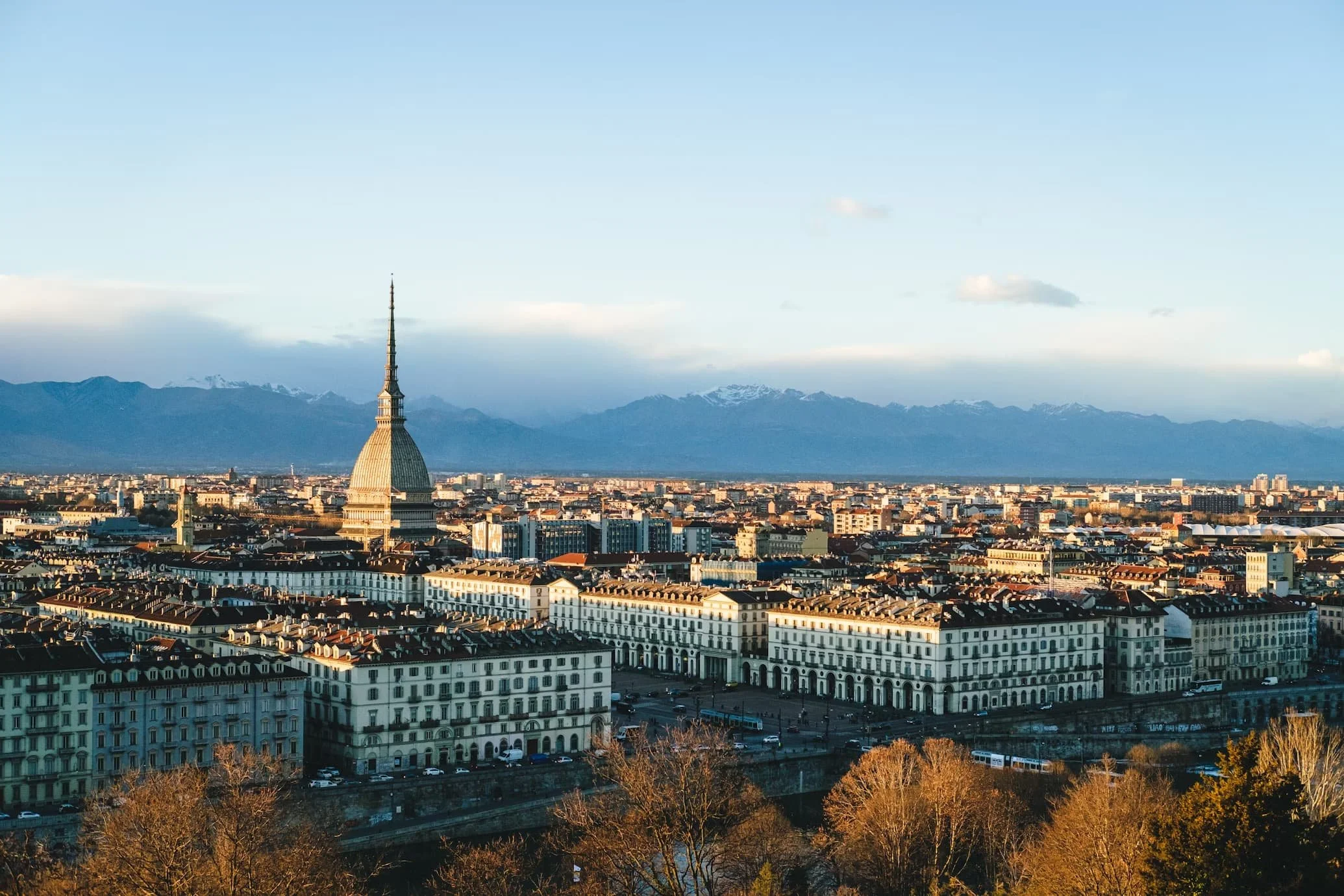 A view of Turin, Italy with the Alps in the background.