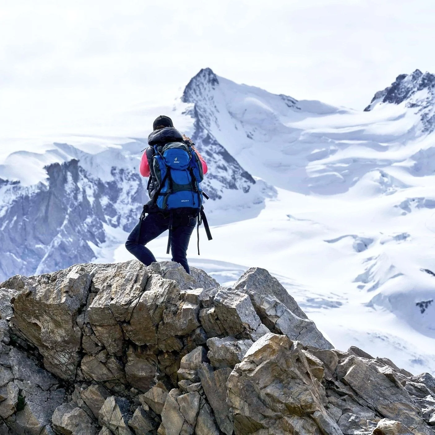 A hiker on a winter hike near Zermatt, Switzerland.